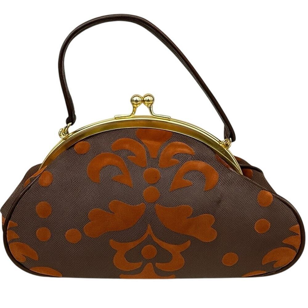 Murval Brown Velvet Flocked Handbag Purse Gold Kiss Lock Frame Retro Style